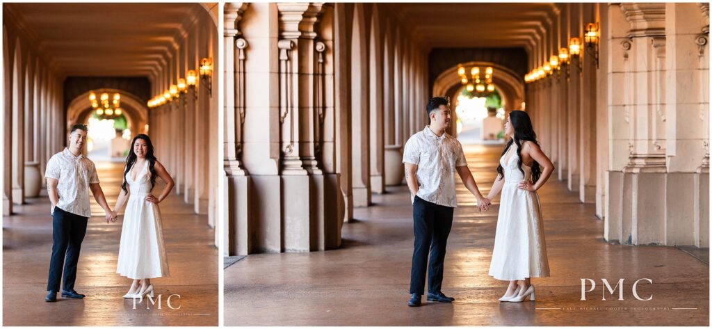 A couple in white takes autumn engagement photos at Balboa Park in the morning.